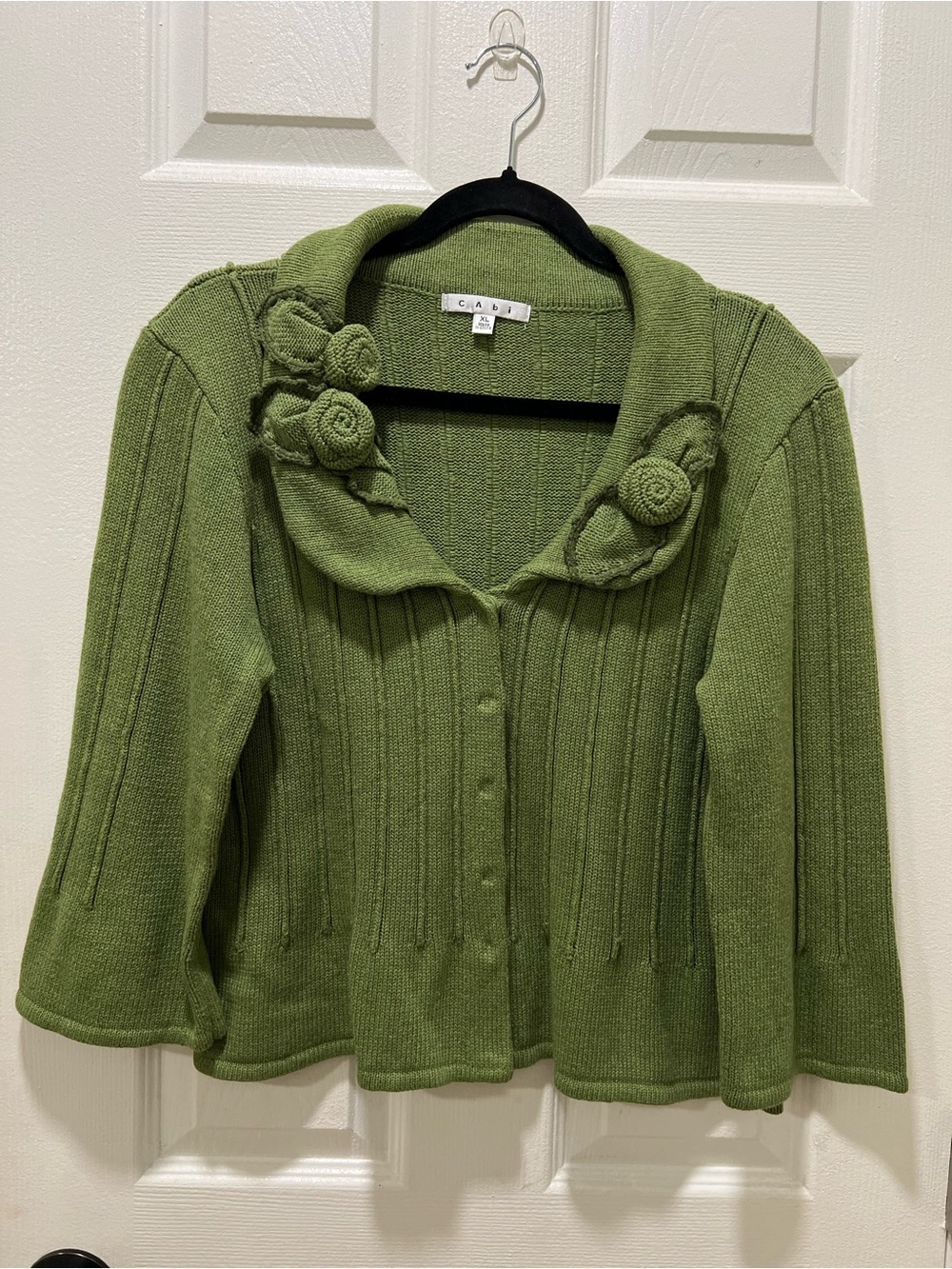 CAbi | Green Ribbed 100% Cotton Knit Rosette Collar Snap Cardigan Sweater XL